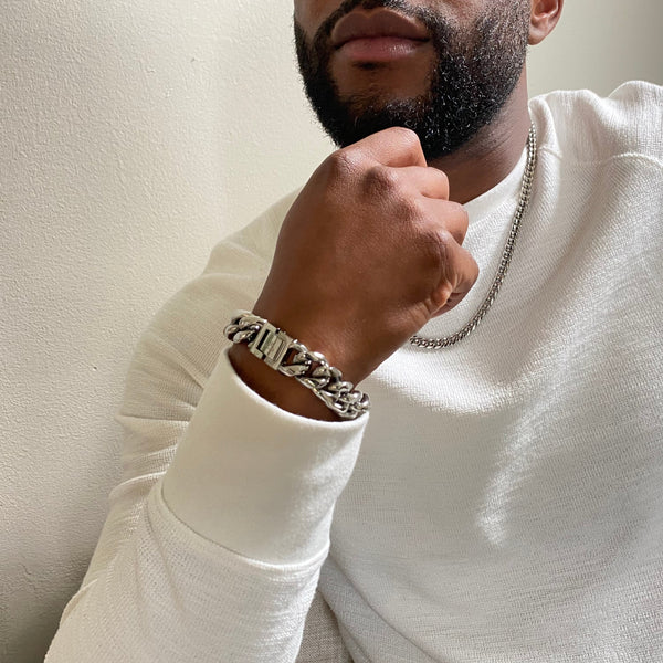 picture cuban link chain & bracelet set silver