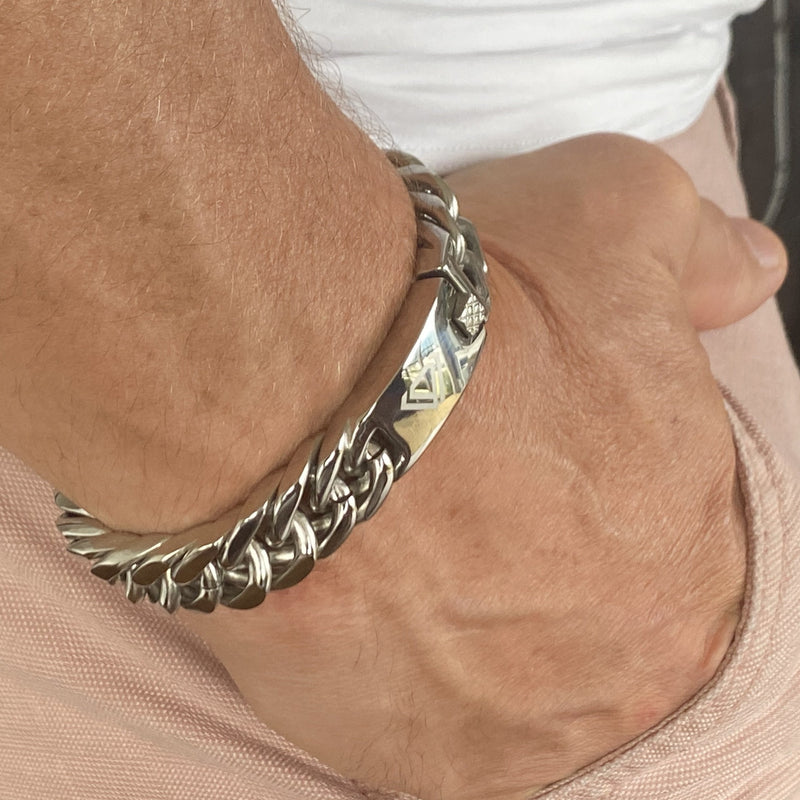 mens braided cuban link bracelet silver color