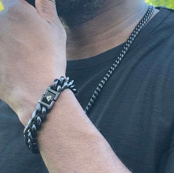 mens chain necklace and bracelet set black
