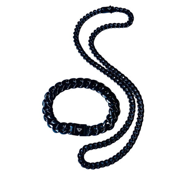 black cuban chain 9mm and black cuban bracelet set