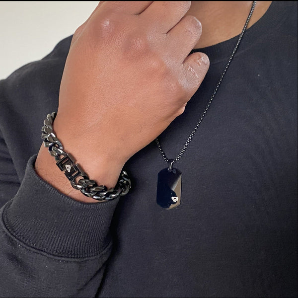 set: Black Miami Cuban Bracelet & Black Minimal Steel Tag